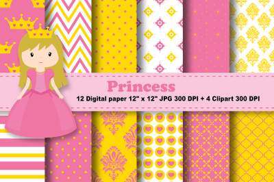 Princess Digital Paper, Fairytale pattern, Girls Background, Crown.
