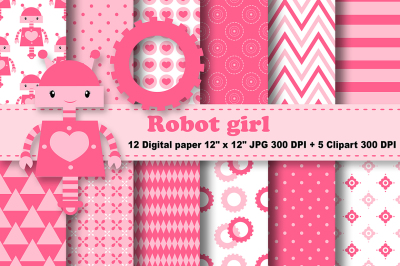 Robot Digital Paper, Robot Girl Digital Paper, Girls Background.