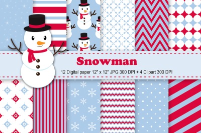 Snowman Digital Paper, Christmas Background, Snowflakes Background.