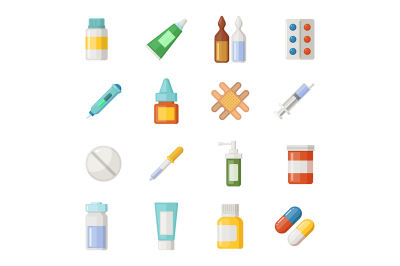 Vector icons set of medications. Drugs and pills 