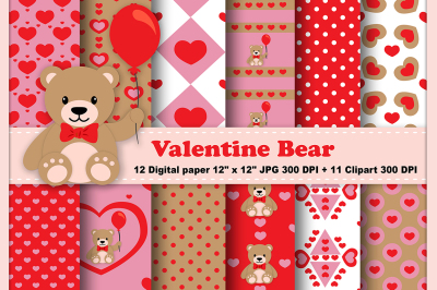 Valentine Digital Paper, Bear Pattern, Valentine Bear, Teddy Bear.