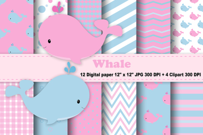 Whale Digital Paper, Sea Animals Background, Nautical Patterns, Fish.