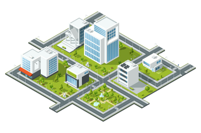 Isometric vector illustration of public constructions