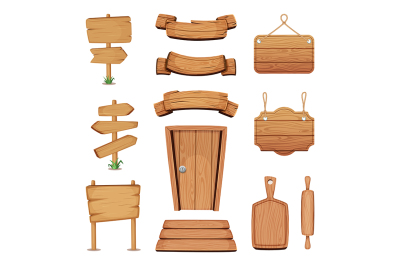 Vector illustration of wooden signboards, doors, plates and other diff