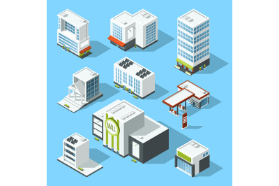 Vector isometric illustrations of hypermarket, bank and other service 