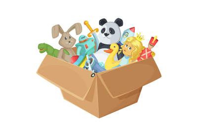 Children toys in cardboard box