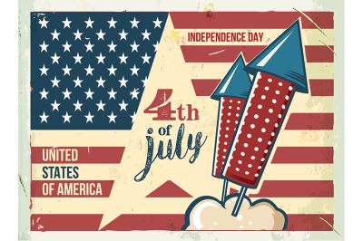 4th of July poster. Grunge retro metal sign with fireworks.