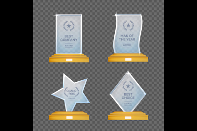 Glass trophy awards vector set. Glossy transparent prizes for winners