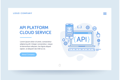 API platform illustration. Web banner. Blue flat line style.