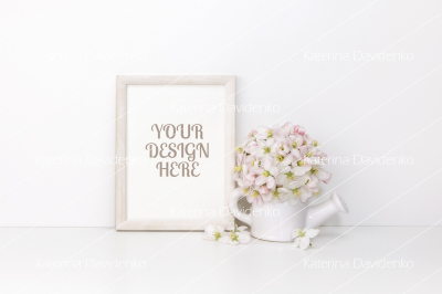 White wooden vertical frame mockup with flowers