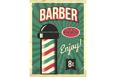 Grunge retro metal sign with barber pole. Barbershop flyer.