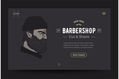 Barbershop website template. Bearded man illustration.