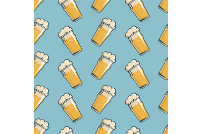 Beer glass seamless pattern. Hand drawn retro style.