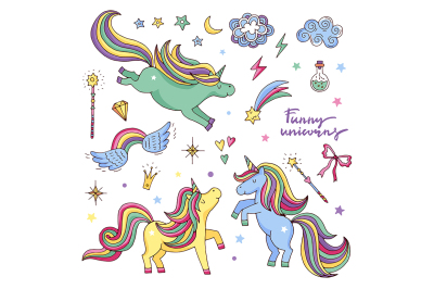 Vector funny set with rainbow&2C; unicorn and other magic attributes