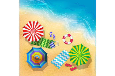  Top view vector illustration of beach, sand and umbrella