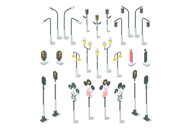  Isometric traffic light, street lamps