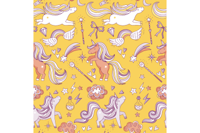 Seamless pattern with funny magic elements