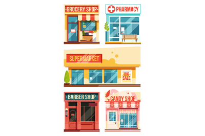  Flat icons of shop buildings and markets