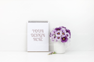 Notepad mock up, purple petunia, white background
