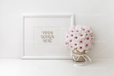 Frame mockup, styled stock photos, white flowers