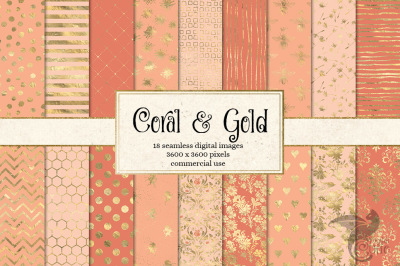 Coral and Gold Seamless Digital Paper