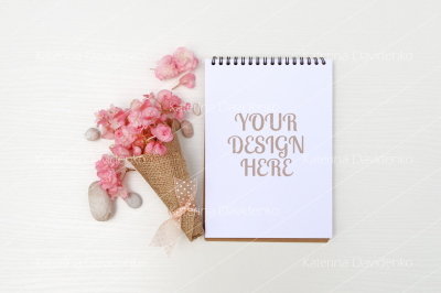 Notepad mockup, pink flowers, sketchbook