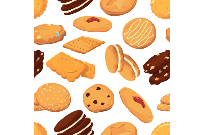 Different cookies in cartoon style. Vector seamless pattern