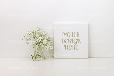 Square canvas mockup, white flowers, styled stock photo