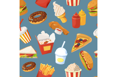 Fast food vector seamless pattern with cold water, sandwich and burger