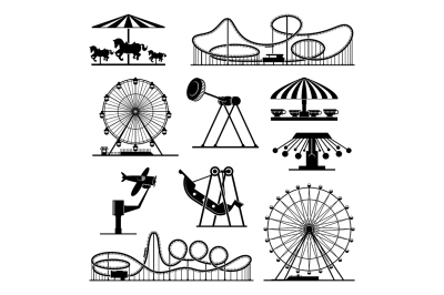 Vector icons of different attractions in amusement park