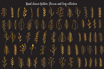 Hand drawn Golden Flowers and leaf collection