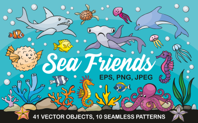 Sea Friends. Vector doodles and seamless patterns.