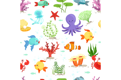 Funny underwater life with sea plants and fishes