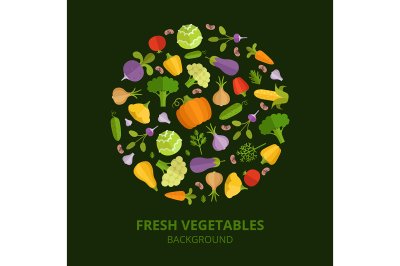 Natural foods illustration. Vegetables vector pictures in circle shape