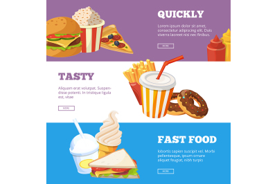 Three horizontal banners of fast food vector illustrations