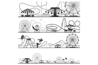 Set of horizontal amusement park silhouettes