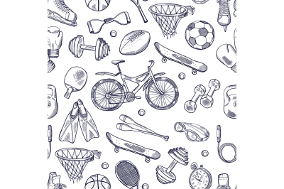 Vector doodles hand drawn seamless pattern of different sport accessor