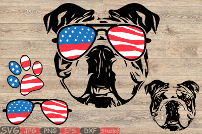 Bulldog USA Flag Glasses Paw Silhouette SVG Dog 4th July 846S