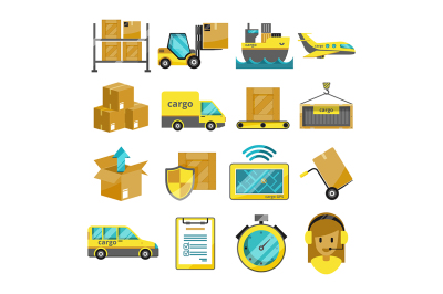 Cargo vector icon set isolated. Airplane&2C; harbor ships&2C; logistic conve