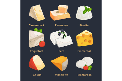 Cartoon illustration of different cheeses. Vector pictures set