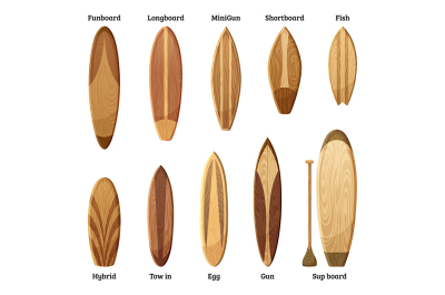 Different sizes and designs of wood surfboards isolate 
