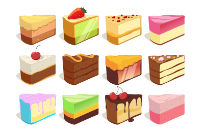 Cream cake slices pieces. Vector illustrations set in cartoon style
