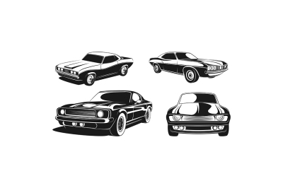 Monochrome illustrations set of retro muscle cars