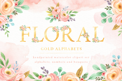 Floral Gold Alphabet Watercolor Set