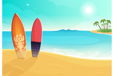 Surfboards in different colors. Sea and sand beach