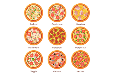 Classical italian food. Pizza top view in cartoon style