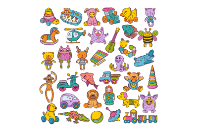 Color icons of children toys. Hand drawn vector illustrations