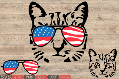 Cat USA Flag Glasses Silhouette SVG Farm Kitten kitty 4th July 847S