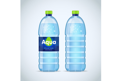 Realistic bottles with clean blue water. Mockup