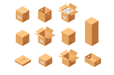 Carton packaging boxes set. Isometric view.